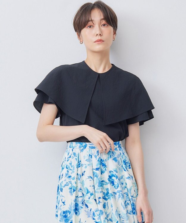 組曲 L サッカーストレッチ 襟付きブラウス ブラック系