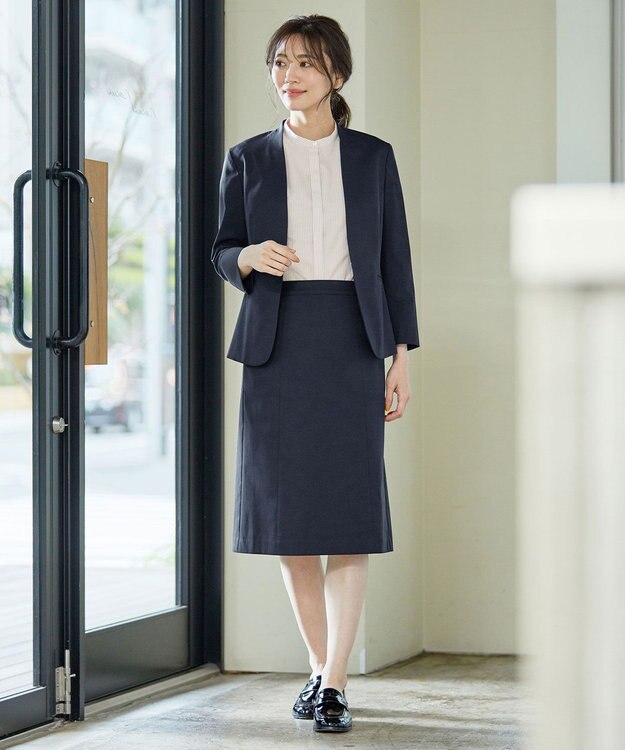 J.PRESS LADIES 【洗える・撥水・防汚】コットンFITTYシャーク ノーカラー ジャケット ネイビー系