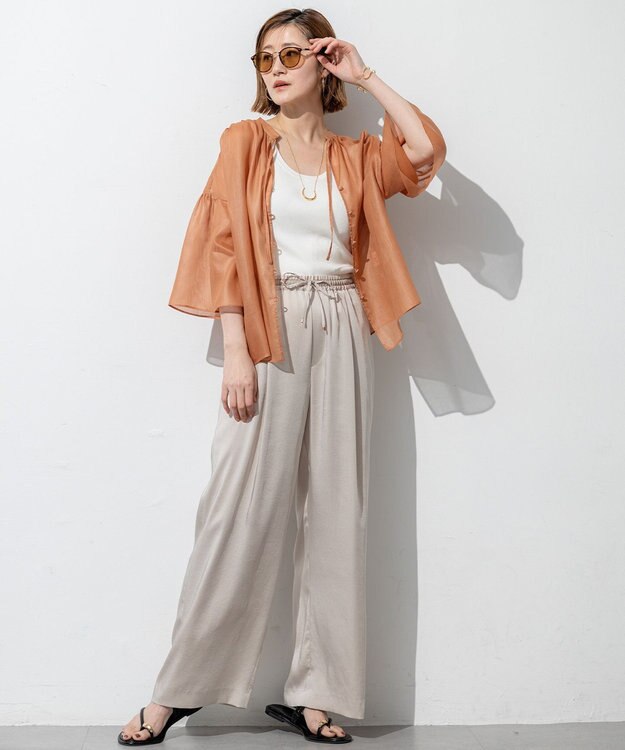 23区 L 【洗える】ソフトシアーフィルム ギャザー ブラウス ライトオレンジ系