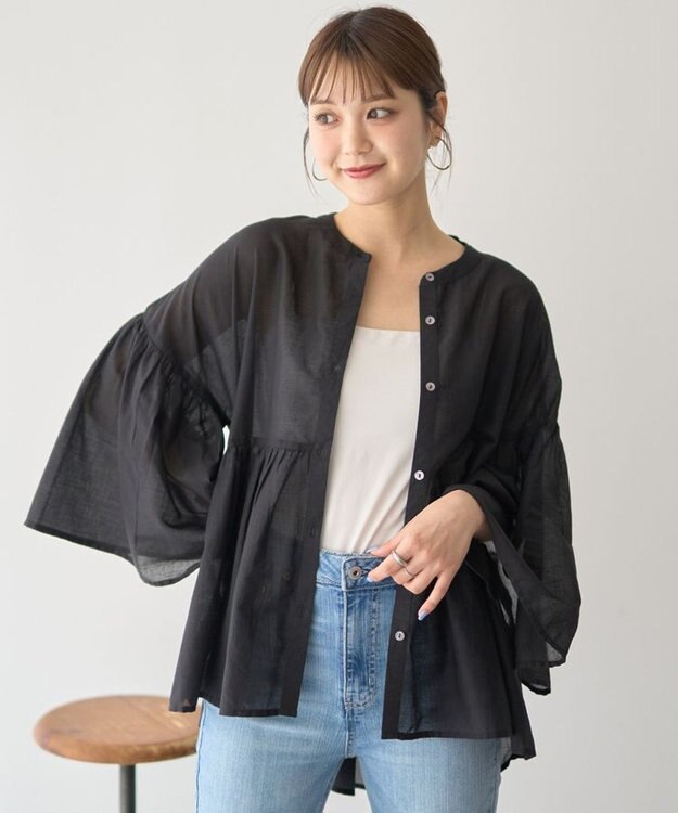 earth music&ecology コットンボイルギャザーシャツ Black