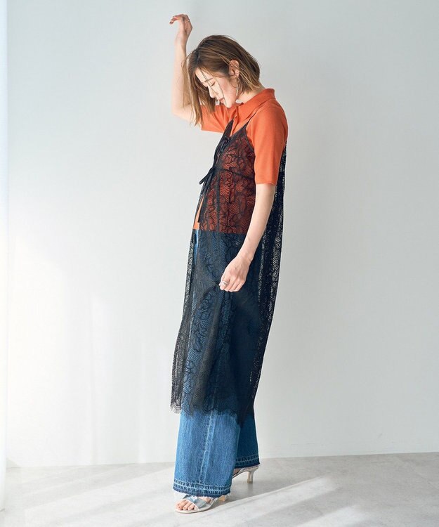 YECCA VECCA リーフ柄レースキャミワンピース Black