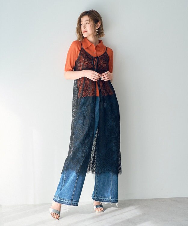 YECCA VECCA リーフ柄レースキャミワンピース Black