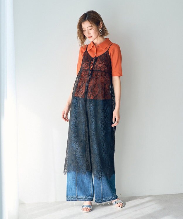 YECCA VECCA リーフ柄レースキャミワンピース Black