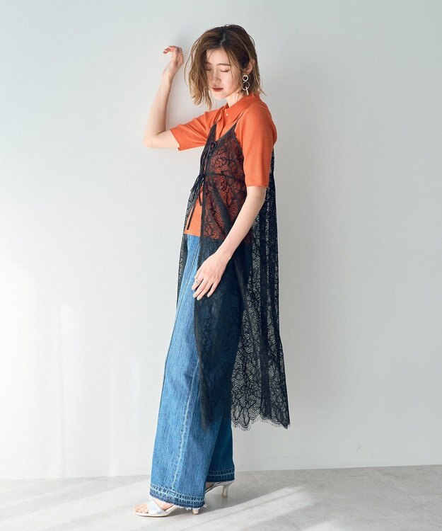 YECCA VECCA リーフ柄レースキャミワンピース Black