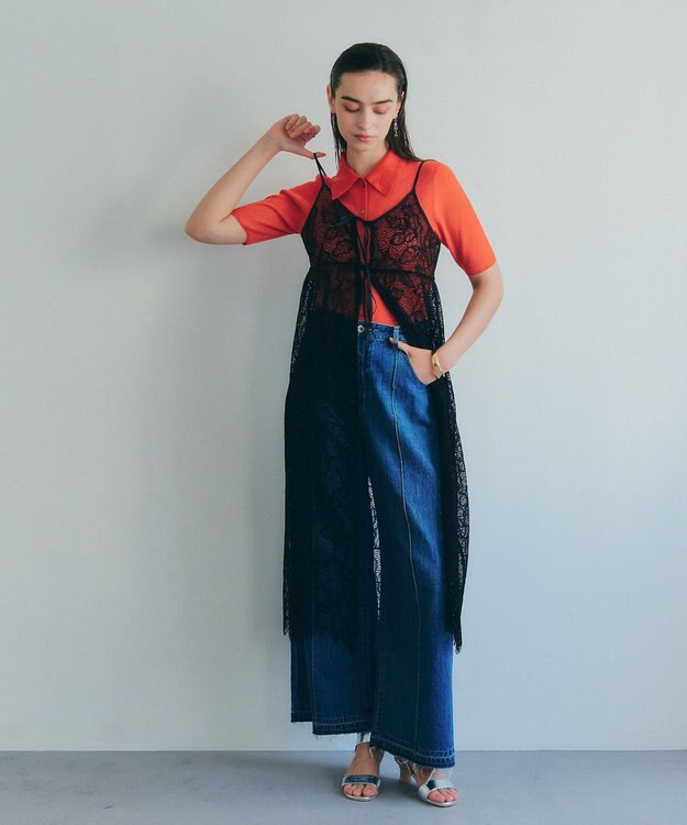 YECCA VECCA リーフ柄レースキャミワンピース Black