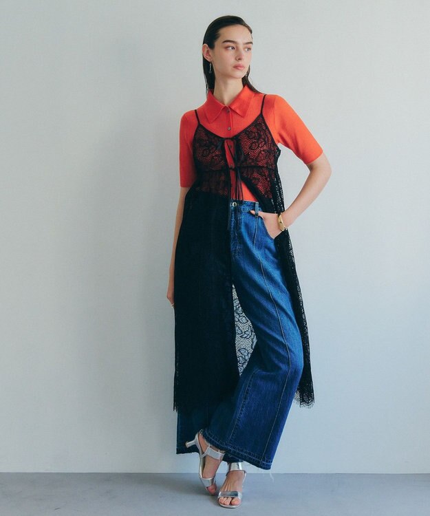 YECCA VECCA リーフ柄レースキャミワンピース Black