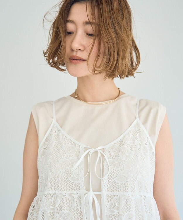 YECCA VECCA リーフ柄レースキャミワンピース Off White