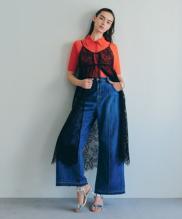 YECCA VECCA リーフ柄レースキャミワンピース Black