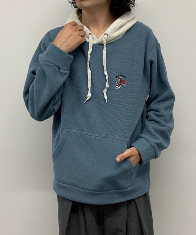 WEGO 【ユニセックス着用ITEM】ワッフルフリースOP刺繍プルパーカー サックス