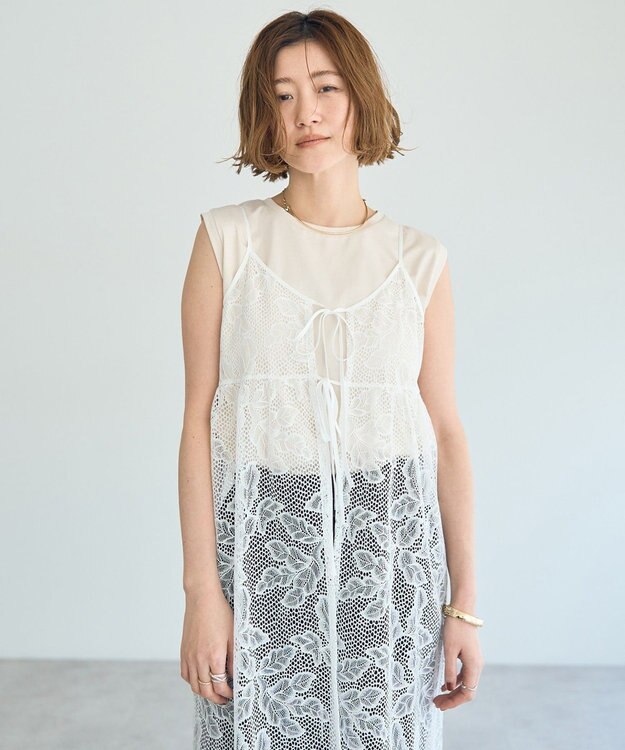 YECCA VECCA リーフ柄レースキャミワンピース Off White