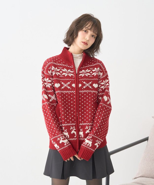 earth music&ecology ダブルzipノルディックカウチンニットカーディガン レッド