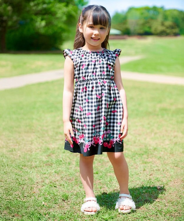 ANY KIDS 総柄 サマーワンピース ブラック×サクランボ