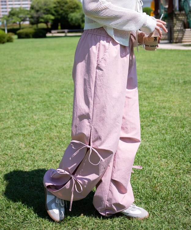 WEGO 【ウエストゴム】サイドリボンパラシュートパンツ ライトピンク