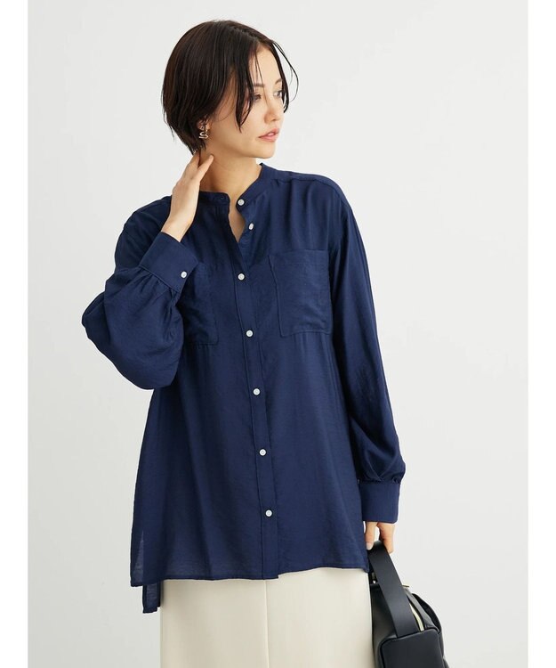 Green Parks バンドカラーポケット付きシアーシャツ Dark Navy