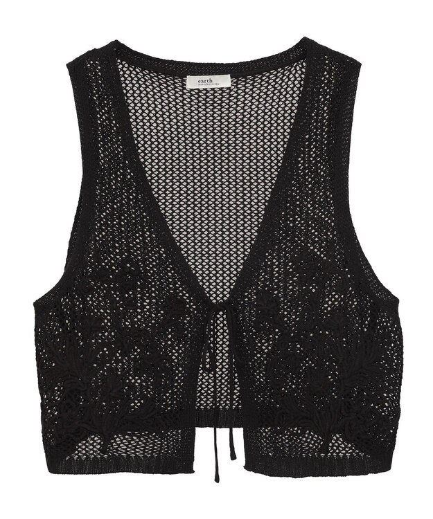 earth music&ecology フラワー刺繍メッシュベスト Black