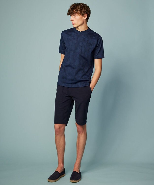 JOSEPH ABBOUD 【キングサイズ・吸水速乾】リーフ柄ジャガード クルーネック Tシャツ ネイビー系