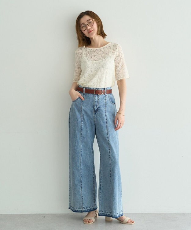 YECCA VECCA 5分袖レースシアートップス Ivory