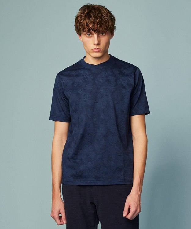 JOSEPH ABBOUD 【キングサイズ・吸水速乾】リーフ柄ジャガード クルーネック Tシャツ ネイビー系