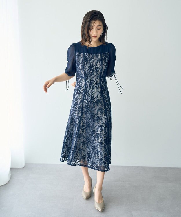 YECCA VECCA レース切替フレアドレス Navy
