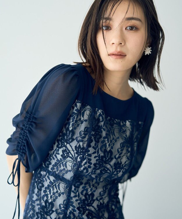 YECCA VECCA レース切替フレアドレス Navy