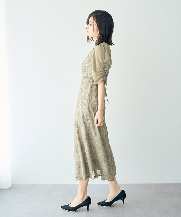 YECCA VECCA レース切替フレアドレス Khaki