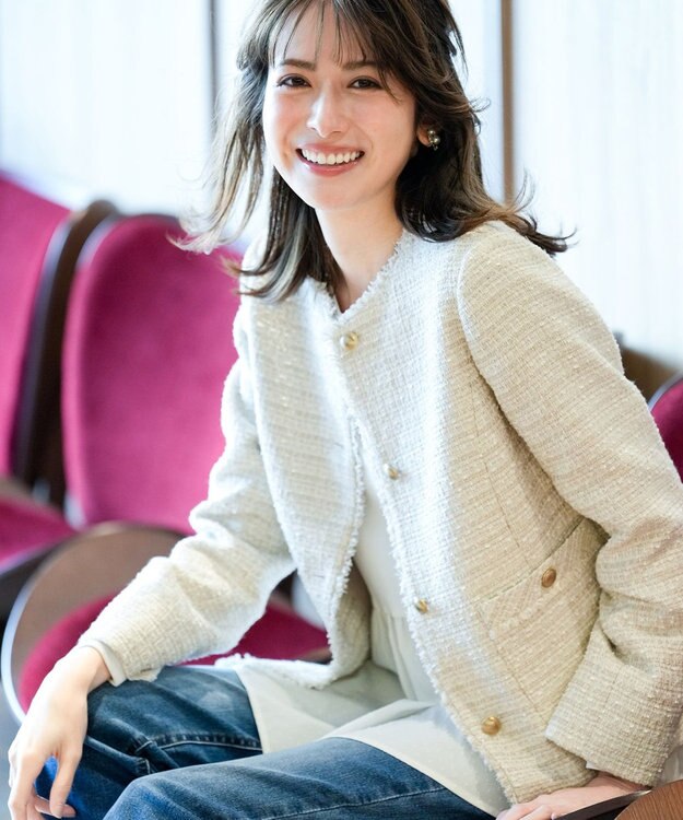 ANY SIS L ノーカラーフリンジツイード ジャケット ライトベージュミックス