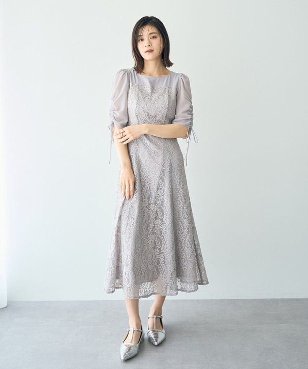 YECCA VECCA レース切替フレアドレス Gray