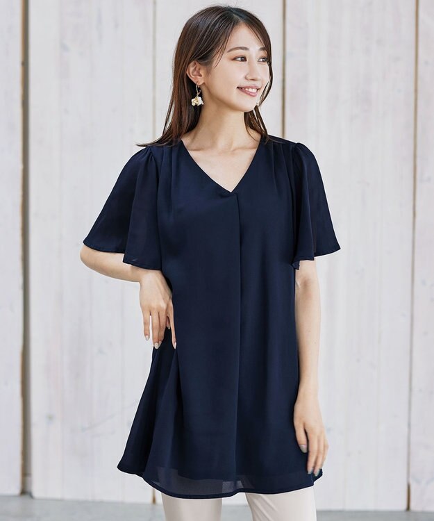 Tiaclasse フレアスリーブチュニックブラウス ネイビー