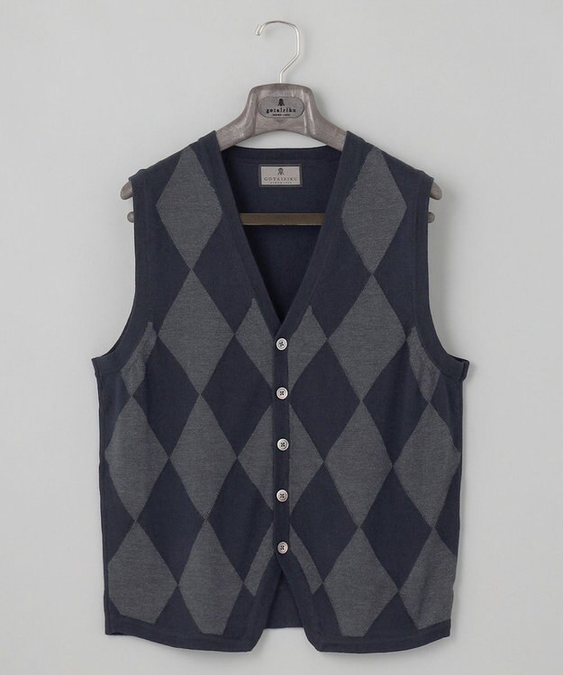 GOTAIRIKU 体温調整に【洗える/チクチクしにくい/ピリングしにくい】イタリア糸 ハイゲージ ベスト_WOOL100% ネイビー×グレーアーガイル