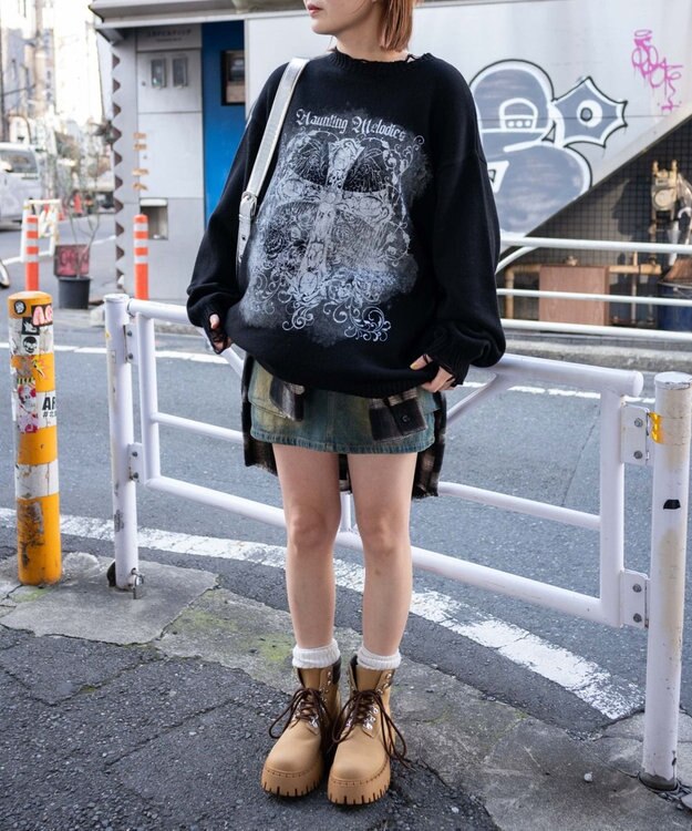 WEGO クラッシュBIGプリントニットプルオーバー ブラック