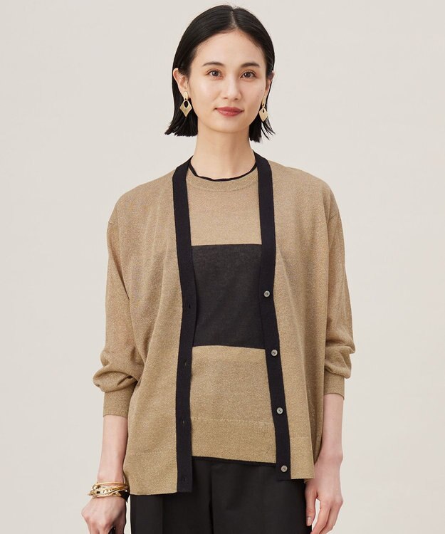 自由区 【アンサンブル対応・洗える】ラメシアー カーディガン ブロンズ×ブラック