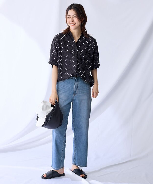 ANY 【新色追加】スキッパーネック袖タックブラウス ブラックドット