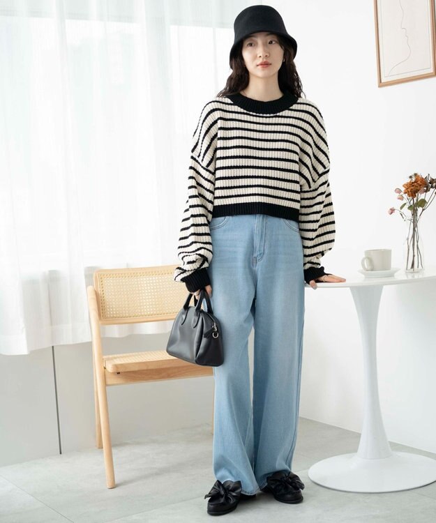 WEGO ボーダーショートニットプルオーバー ホワイトボーダー