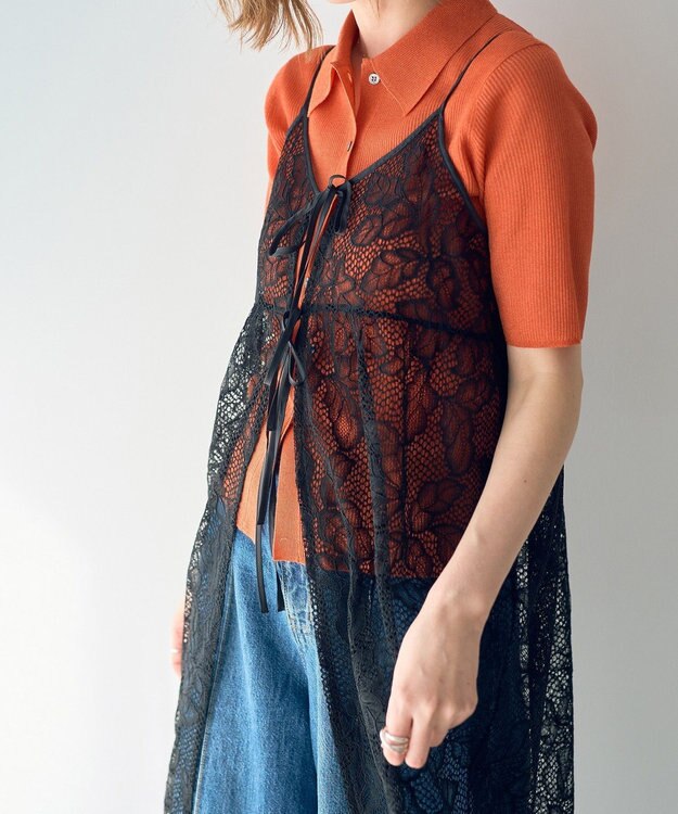 YECCA VECCA リーフ柄レースキャミワンピース Black