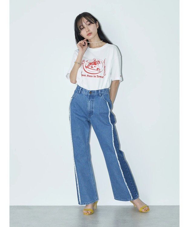 earth music&ecology Ｌｅｅ×ｅ．ｍ．ａ．ｅ　切替デニムフレアパンツ Indigo