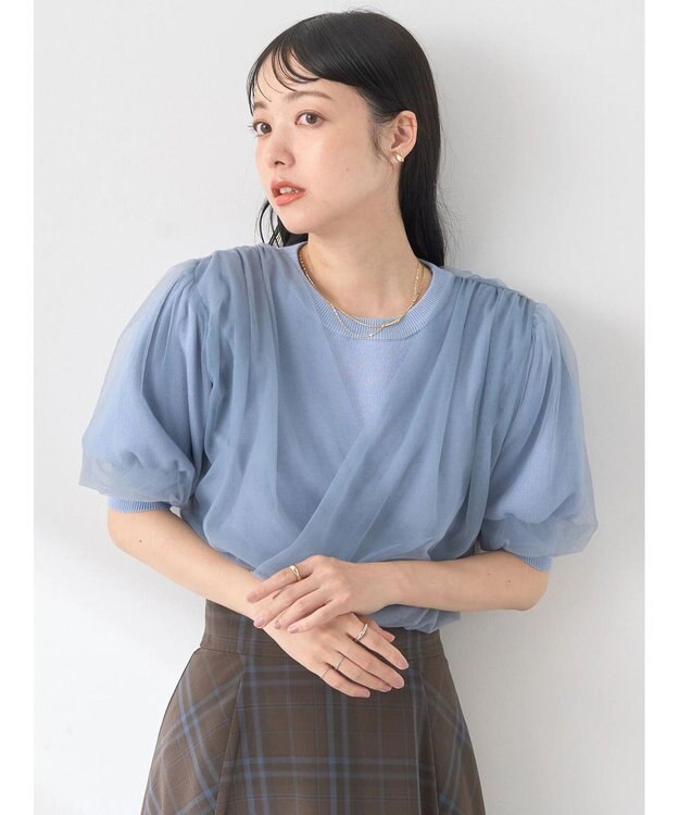 earth music&ecology チュールドッキング半袖ニットプルオーバー Blue