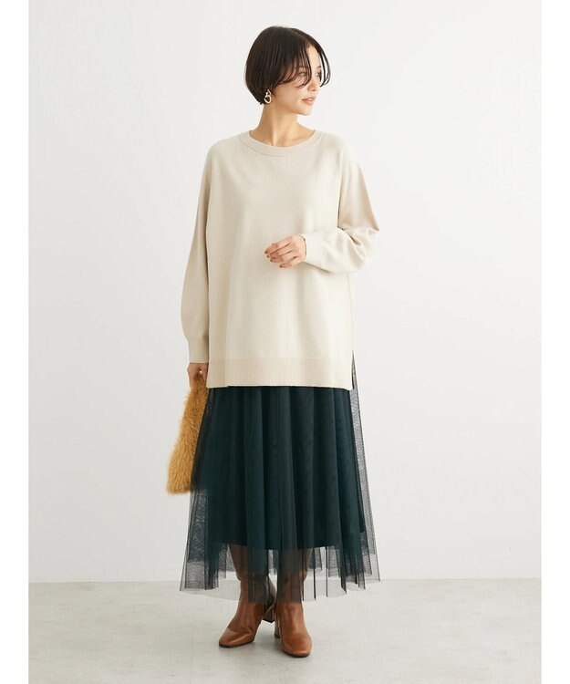 Green Parks もちやわ　ボートネックニットチュニック Light Beige