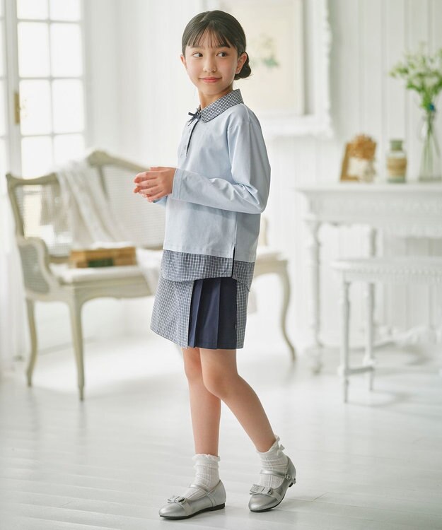 組曲 KIDS 【150-160㎝】 ミニチェック レイヤードトップス サックスブルー