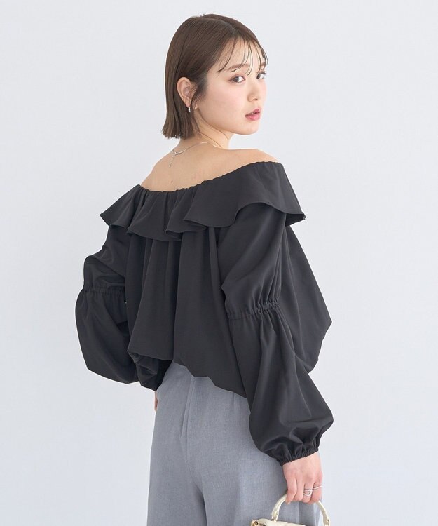earth music&ecology 2wayオフショルバルーンヘムフリルブラウス Black