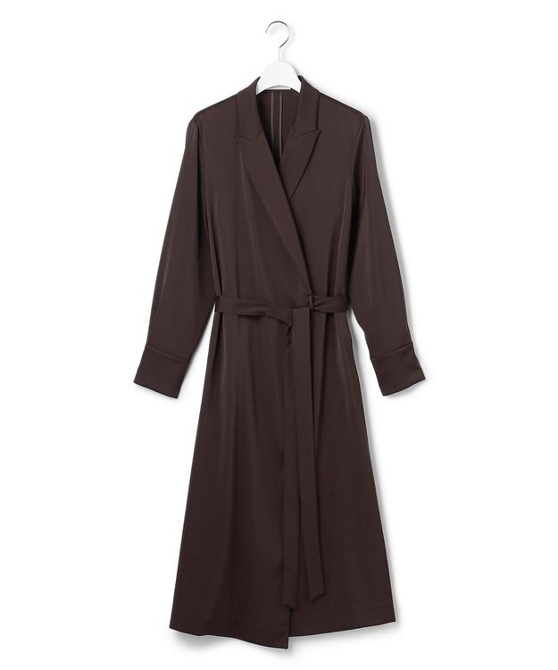 ICB L 【洗える】ストレッチダブルサテン テーラーカラー ラップワンピース ダークブラウン系