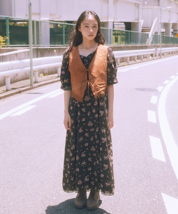 earth music&ecology レース切替フラワーロングワンピース Brown