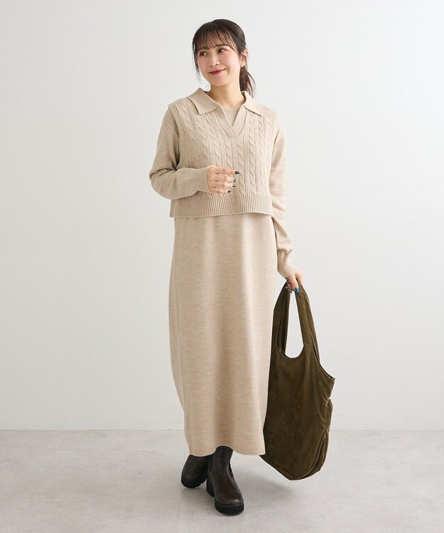 Green Parks ＳＥＴ２点ケーブルベスト＋ニットワンピース Beige
