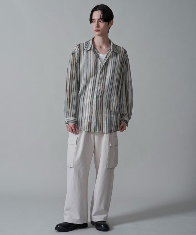 WEGO ストライプメッシュBIGシャツ（LS） オフホワイト