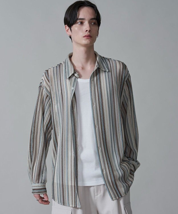 WEGO ストライプメッシュBIGシャツ（LS） オフホワイト