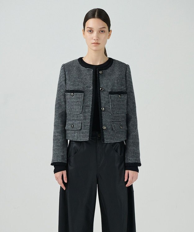 GRACE CONTINENTAL シャギーチェックノーカラージャケット グレー