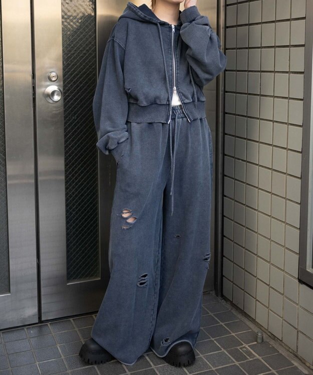 WEGO ダメージショートジップパーカー ブルー