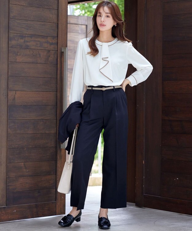 Tiaclasse 【2WAY・洗える】取り外し可能な​配色パイピングボウタイブラウス オフホワイト