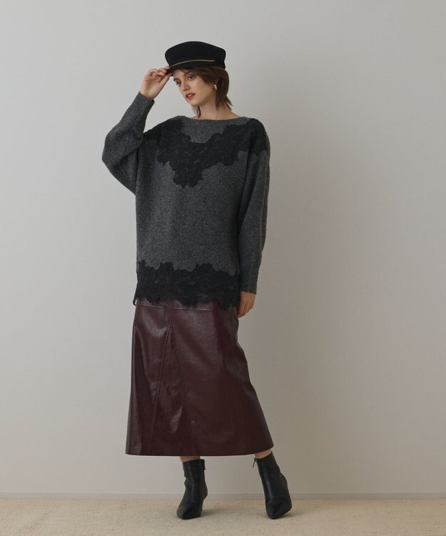 GRACE CONTINENTAL レースドルマンニットトップ チャコール