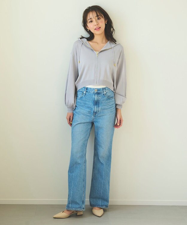 Feroux 【UVカット・接触冷感】パフスリーブニット パーカー ライトグレー系