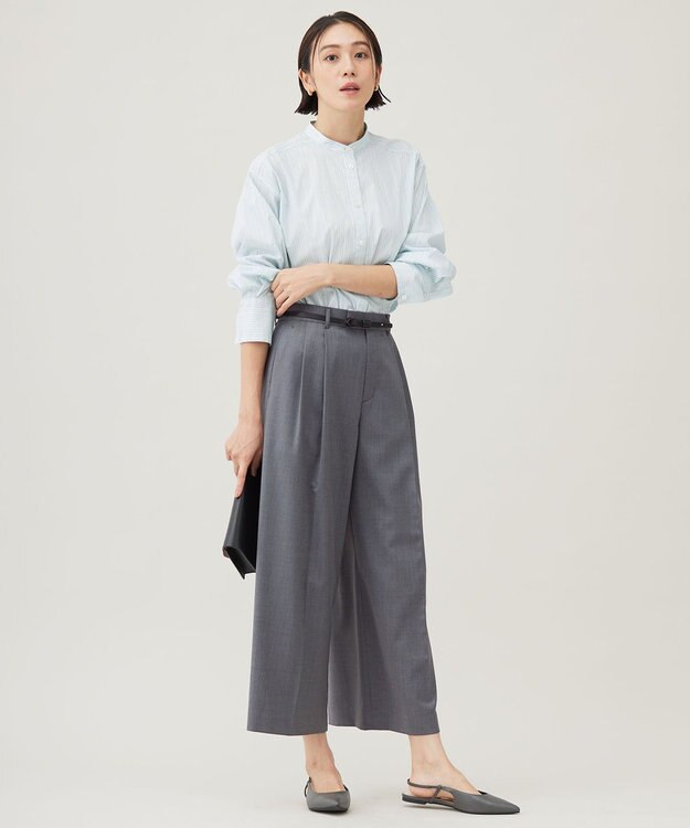 自由区 【スタイリストコラボ・洗える】SOMELOSバンドカラー シャツ サックスストライプ